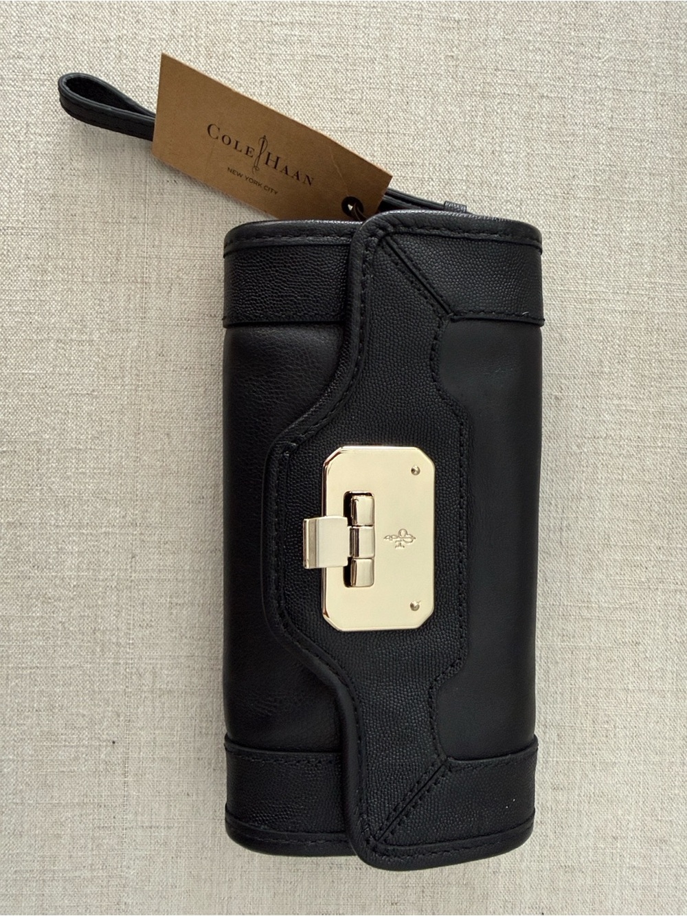 Cole Haan Black Leather Isabelle Clutch with Gold-Tone Lock